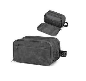 Trousse de rasage portable en cuir véritable résistante à l'eau, grande capacité, pour voyage, avec fermeture éclair, pour cosmétiques et articles de beauté - Product Image 1