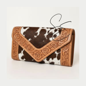Western Tooled Leather Envelope Wallet Women Hair On Cowhide V Flap Clutch Floral Hand Carved <b>Purse</b> Custom OEM <b>Long</b> Wallet - Product Image 3