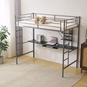 Letto a soppalco singolo in metallo con scrivania e mensole portaoggetti, 2 sponde di sicurezza a tutta lunghezza e scalette per adolescenti - Product Image 4