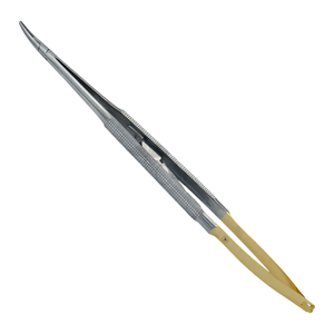 Portaagujas TC Castroviejo de 7 pulgadas, curvado, de carburo de tungsteno, instrumento microquirúrgico dental, mango dorado, manual, estriado - Product Image 2