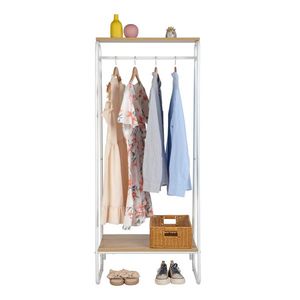 Robusto Appendiabiti Autoportante in Metallo Bianco con Ripiano in Legno e Barre Portabiti - Product Image 6