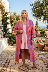 Bata de mujer con cuello en V, 100% algodón, 480g, reversible, bordada con motivos florales azules, hecha a mano, tipo kimono largo, con cinturón, para estar en casa o descansar. - Product Image 5