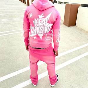 Conjunto de Sudadera con Capucha y Pantalones Deportivos con Efecto Deslavado por el Sol, Estampado Personalizado, Estilo Urbano - Product Image 2