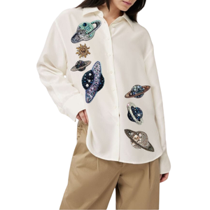 Camisas Casuales de Mujer con Parches, Tendencia 2026, de Algodón, Manga Larga, Cuello Camisero, Bordado de Planetas, Transpirables, para Fiesta - Product Image 1