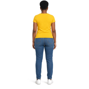 <b>Women</b> Bright <b>Yellow</b> O Neck Short Sleeve <b>T</b> <b>Shirt</b> with Royal Blue Oval Emblem Print Casual Fashion Graphic Tee Comfortable - Product Image 2