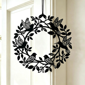 Charming Black Silhouette Wreath Featuring Detailed Songbirds And Leaves, Elegant Nature Inspired <b>Hanging</b> <b>Wall</b> <b>Decor</b> Art - Product Image 3