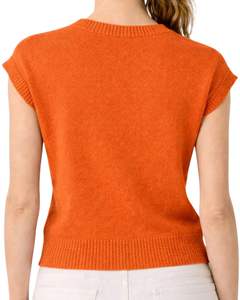 Gilet tricoté sans manches pour femme, orange personnalisé, broderie florale, col rond, doux, léger, décontracté, élégant, haut de mode estival - Product Image 5