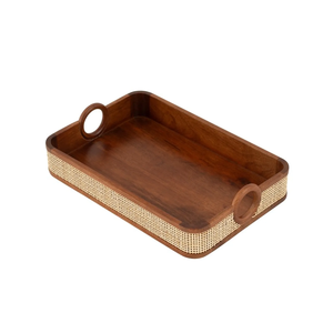 Bandeja de Servir de Madera Rectangular, Diseño Moderno, Hecha a Mano con Borde de Ratán, Ecológica, Apta para Lavavajillas, para Fiestas y Bodas - Product Image 2