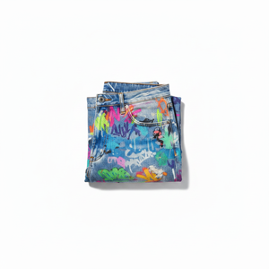 Jeans de Mezclilla para Hombre, Cintura Alta, Corte Recto, con Estampado de Grafiti, Lavado Desgastado, Estilo Urbano, Cierre de Botones, para Verano - Product Image 3