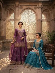 Ensemble Kurta Sharara en soie Cinon brodée pour femmes, design moderne pakistanais, automne, vêtements ethniques de qualité supérieure pour toutes les occasions, avec dupatta - Product Image 2