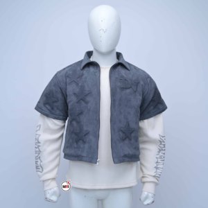 Dv Embossed <b>Star</b> Short Sleeve Bomber <b>Jacket</b> Cow Suede Zipper Front Turn-down Collar Autumn Style with Sweatshirts <b>Jackets</b> OEM - Product Image 1