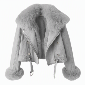 Veste en jean pour femme avec col et poignets en fourrure de renard, coupe-vent, manteau court d'hiver, manches longues, style moto - Product Image 4