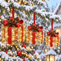 Ensemble de 3 décorations de boîte cadeau en fil métallique scintillant à piles avec nœud en ruban rouge et LED blanc chaud pour l'arbre de Noël
