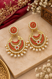 Boucles d'oreilles pendantes Bhargavi en alliage de cuivre plaqué or avec zircon en forme de fleur, perles d'imitation, bijoux ethniques tendance et originaux - Product Image 5