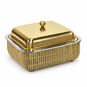 Cazuela Rectangular de Lujo Dorada con Tapa, Calentador de Alimentos de Metal Pulido - Product Image 1