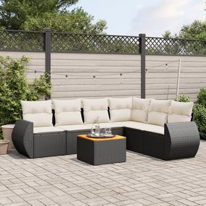 Juego de sofá grande de jardín con cojines blancos crema y marco negro Poly Rattan-Muebles de exterior elegantes - Product Image 1