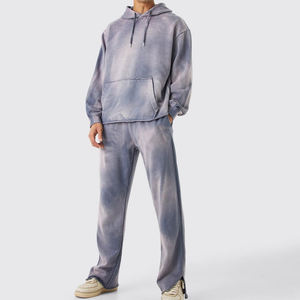 Ensemble de survêtement pour homme 100% Coton, Tendance, Respirant, Coupe classique, avec sweat à capuche et pantalon de survêtement à ourlet brut coupé sur le côté, Logo personnalisé - Product Image 1