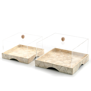 Support à gâteau artisanal populaire en nacre, plateau carré en bois incrusté de coquillages avec dôme transparent, luxe pour mariage - Product Image 1