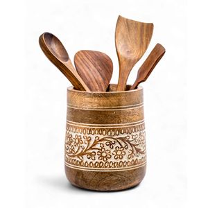 Grand porte-ustensiles de cuisine en bois de manguier, style ferme, sculpté à la main, organiseur de spatules, personnalisé, vente en gros, fait main - Product Image 1