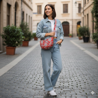 Tas Selempang Lipat Motif Mandala Bunga Merah Setengah Bulan, Ringan, Lembut, Tahan Lama, Ramah Lingkungan, Katun, Gaya Boho, Tahan Air, dengan Ritsleting