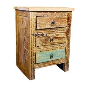 Whitewash Distress Carved Three Drawer <b>Bedside</b> Indian Reclaimed Wood Modern SUREN SPACE Bedroom Living Room Dining Bathroom - Product Image 1