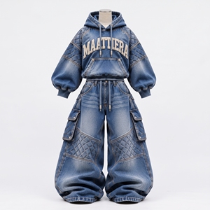 <b>Womens</b> Blue Washed Denim Cargo Tracksuit Quilted Panel Oversized Hoodie <b>Baggy</b> Wide Leg <b>Jeans</b> Streetwear Custom OEM Wholesale - Product Image 4