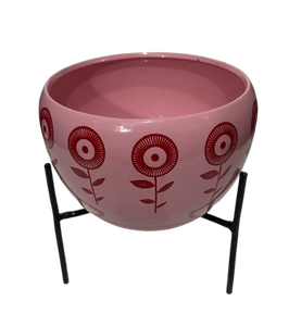 Pot de fleurs en métal rose avec imprimé nœud rouge et support en fer noir, porte-plantes décoratif pour l'intérieur, l'extérieur, le jardin, la maison - Product Image 4