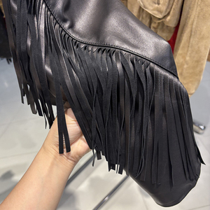 Chaqueta de Motocicleta de Cuero Sintético para Mujer, Manga Larga, Cuello Camisero, Botón Único, con Flecos, Transpirable, Estilo Invernal - Product Image 2