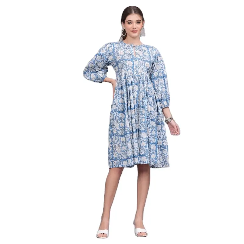 Indian Cotton Hand Birds Block Printing Dress Handmade Summer Maxi Dress Casual Wear Dressing Gown Top Tunic Dress For Women's