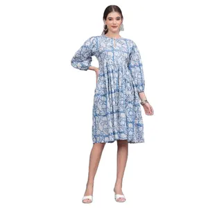 Indian Cotton Hand Birds Block Printing Dress Handmade Summer Maxi Dress Casual Wear Dressing Gown Top Tunic Dress For Women's