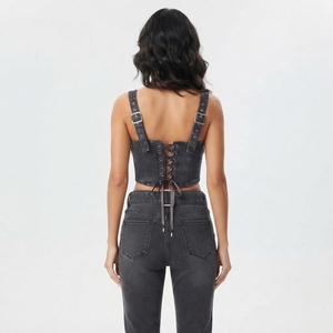 Women <b>Black</b> Denim Two Piece Set <b>Cropped</b> Overall Style <b>Top</b> High Waist Skinny Jeans Streetwear Fashion Outfit - Product Image 2