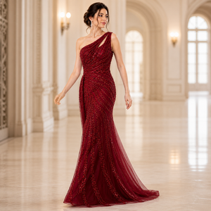 Luxury <b>Red</b> One Shoulder Mermaid Evening Gown | <b>Sequin</b> Embroidery Tulle Dress Elegant Women Party Wear | OEM Private Label India - Product Image 5