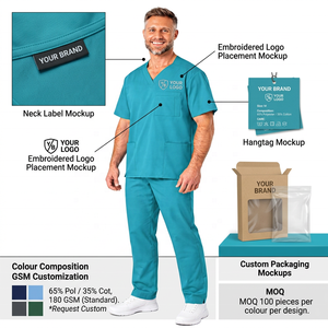 Uniforme Médico Unisex de Manga Corta, 140 GSM, Tejido de Polialgodón, Cuello en V, Tres Bolsillos, Logotipo Personalizado - Product Image 5