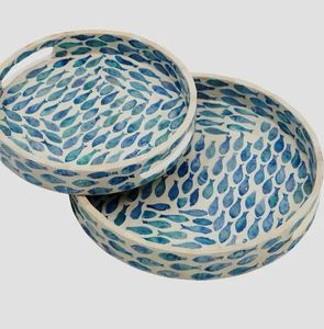 PERFECT ENTERPRISES Juego de Bandejas Redondas de Nácar, Bandeja para Servir con Incrustaciones de Concha Hecha a Mano, Decorativa - Product Image 1