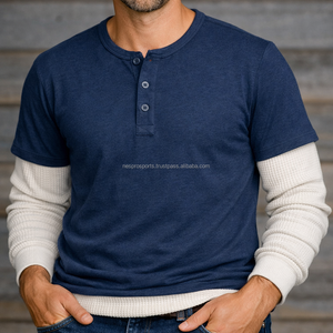 Mens Heavyweight Cotton Garment Dyed Henley <b>Shirt</b> Long <b>Waffle</b> Thermal Sleeves Contrast Hem Durable Layered Design Winter - Product Image 1