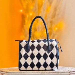 New Black White Hair Fur Checkered Diamond Pattern 100% Genuine Leather Sport Mini Speedy Duffle Bags Women's Travel Accessories - Product Image 1