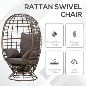Sedia a dondolo in vimini intrecciato a 360° girevole per interni/esterni, stile Boho, con cuscini imbottiti per seduta e schienale, ideale per cortile, portico, patio, giardino - Product Image 6