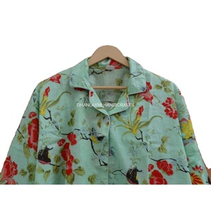 เซ็ตชุดนอนผ้าฝ้าย100% สไตล์อินเดียชุดนอนลายดอกไม้แสนสวยลายนกสีเขียวไซส์ใหญ่พิเศษสำหรับฤดูใบไม้ผลิ - Product Image 1