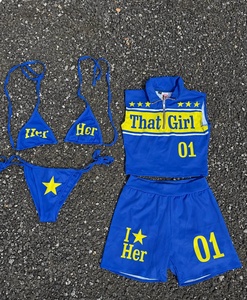 Custom Women 4 <b>Piece</b> Swimsuit Set Sleeveless Quarter Zip Crop Top Biker Shorts and <b>Bikini</b> Set Y2K Beachwear - Product Image 1
