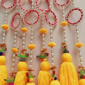 Hermoso diseñador de color amarillo Gotta Chakri con borlas hermosas borlas de trabajo Moti para el hogar y la boda Hldi, decoración Mehendi - Product Image 1