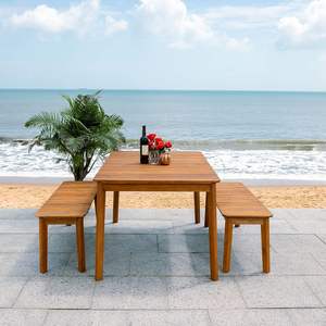 Juego de mesa de comedor de madera de teca con 2 bancos largos, acabado natural, para uso en interiores y exteriores. - Product Image 3