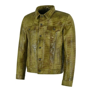 Nouvelle veste en cuir à imprimé croco vert vintage pour homme, décontractée, hiver, respirante, coupe-vent, avec col mandarin - Product Image 1