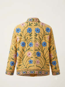 Chaqueta Reversible de Terciopelo Amarillo Mostaza para Mujer, Bordada con Diseño Suzani, Mangas Largas, Cuello Mandarín, Estilo Boho - Product Image 3