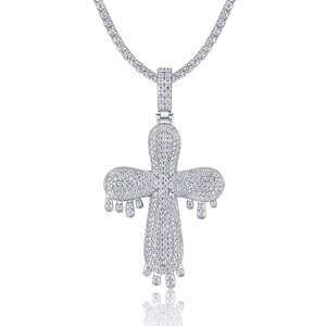 Ice Cubed Cross Moissanite Pendant Necklace Round Brilliant Cut Gold Plated Hip Hop Jewelry for Men Women - Product Image 3