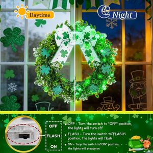 Ghirlanda per Porta da 16 Pollici per San Patrizio con 28 Luci LED Verdi a Forma di Quadrifoglio, Alimentata a Batteria, Ghirlanda a Forma di Trifoglio con Fiocco per Feste Primaverili - Product Image 2