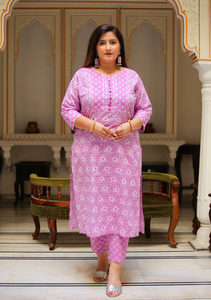 Purple Floral Kurta <b>Pant</b> Dupatta Set Cotton Round Neck <b>Three</b> <b>Quarter</b> Sleeve Plus Size Women Casual Ethnic Wear Wholesale - Product Image 5