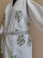 Robe Kimono en Coton Imprimée à la Main, Motif Floral Géométrique Vert, Style Jaipuri Bohème, Coupe Ample, Idéale pour Spa, Hôtel, Resort, Vente en Gros pour Adultes