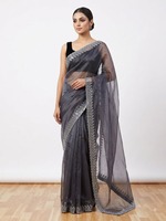 Sari en soie gris élégant imprimé motif flocon avec bordure brodée argentée pour femme, tenue de mariage, longueur au sol, coupe classique