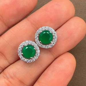 Green Onyx <b>Stud</b> <b>Earrings</b> 6mm CZ Halo <b>Sterling</b> <b>Silver</b> Rhodium Plated Prong <b>Set</b> Romantic Women's Wedding Engagement Anniversary - Product Image 2