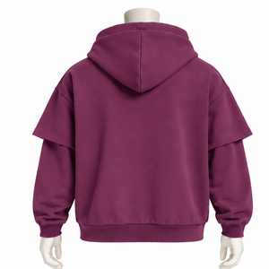 Plum Double Layer Hoodie <b>Oversized</b> Short Sleeve Overlay Long Sleeve Pullover <b>Vintage</b> Streetwear Loose Fit Hooded <b>Sweatshirt</b> - Product Image 2